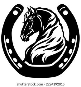 horse head profile in the horseshoe. Silhouette. Side view. Logo. icon, emblem. Black and white vector illustration