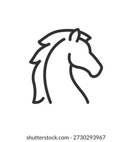 Pferdekopfprofil, lineares Symbol. Tiersymbol und Reitthema. Linie mit editierbarem Strich.