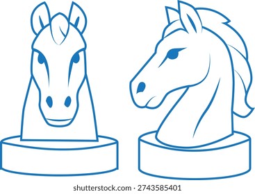 Horse Head Sculpture, front and profile view, line drawing, minimalist icon