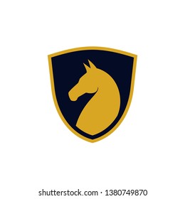 Horse head shield badge emblem label logo design vector. universal flat golden horse brand template. animal wildlife symbol icon