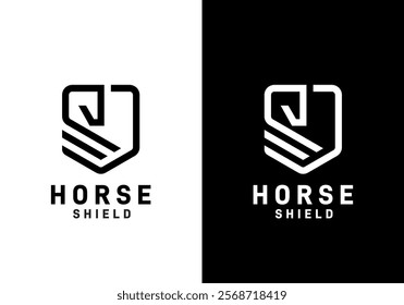 horse head with shield logo design. linear style luxury icon vector concept