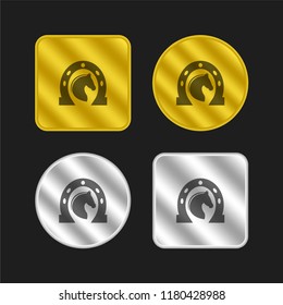Horse head side view inside a horseshoe gold and silver metallic coin logo icon design