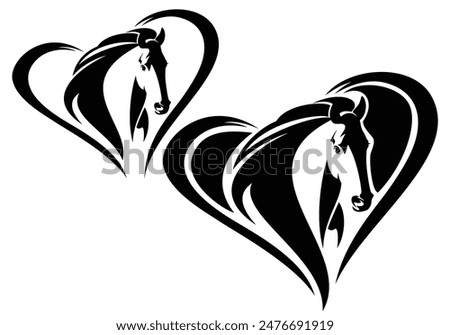 horse head side view outline inside heart shape - black and white handdrawn vector symbol of love and frienship with pony