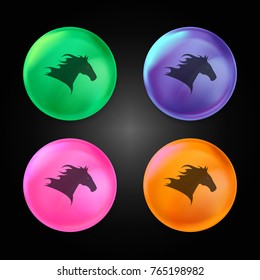 Horse head side view to the right silhouette crystal ball design icon in green - blue - pink and orange.