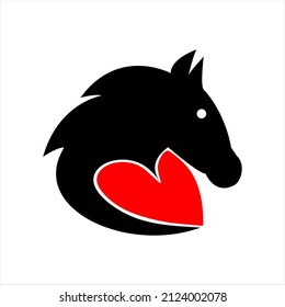 Horse head silhouette with heart. Black and red vector logo. Horse with a heart.