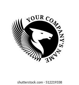 Horse head silhouette. Logo design vector template. Logotype emblem icon. Pegasus with wings. Symbol of strength, power and determination.
