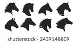 Horse head silhouettes. Monochrome isolated horses heads black graphic elements for tattoo dressage freedom concepts collection on white