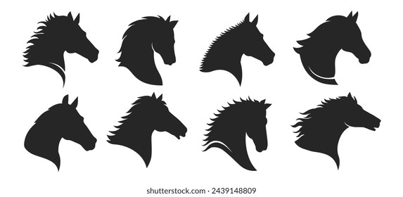 Horse head silhouettes. Monochrome isolated horses heads black graphic elements for tattoo dressage freedom concepts collection on white