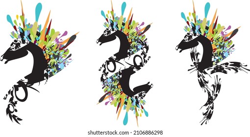 Horse head splashes on a white background - three options. Ornate horse symbols with color bursts for prints on T-shirts, emblems, tattoos, textiles, wallpaper, logos, fabric, fashion trends, etc. 