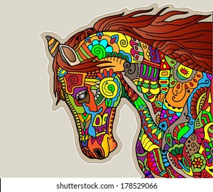 Horse head symbol of New Year 2014 trendy style geometric ornament, colorful vector illustration