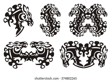 Horse head symbols. Set of tribal ornate double horse symbols. Black on the white