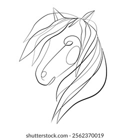 Horse head with a thick flowing mane one line drawing on white isolated background