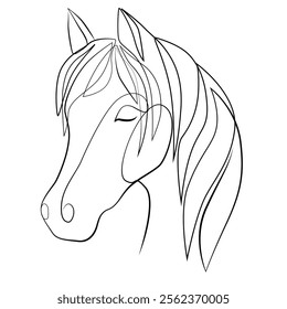 Horse head with a thick mane one line drawing on white isolated background