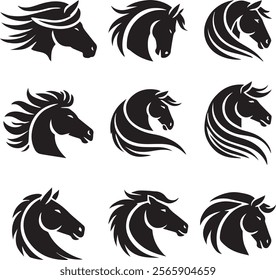 Horse head vector black silhouette lineart logo icon bundle, animal isolated on white background collection, creative minimal clean detail editable set