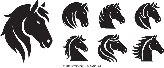 Horse head vector black silhouette lineart logo icon bundle, animal isolated on white background collection, creative minimal clean detail editable set