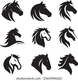Horse head vector black silhouette lineart logo icon bundle, animal isolated on white background collection, creative minimal clean detail editable set