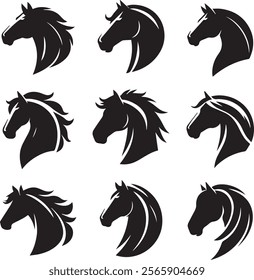 Horse head vector black silhouette lineart logo icon bundle, animal isolated on white background collection, creative minimal clean detail editable set