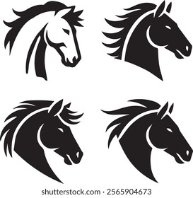 Horse head vector black silhouette lineart logo icon bundle, animal isolated on white background collection, creative minimal clean detail editable set