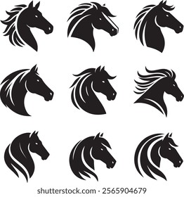 Horse head vector black silhouette lineart logo icon bundle, animal isolated on white background collection, creative minimal clean detail editable set