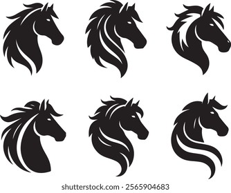 Horse head vector black silhouette lineart logo icon bundle, animal isolated on white background collection, creative minimal clean detail editable set