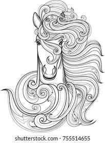 Horse head vector illustration. Design for wall decoration, tattoo, bag, book, poster and t-shirt.