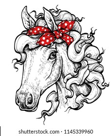 Horse head. Horse wearing bandana. Hand drawn portrait. Vector illustration