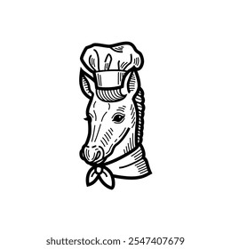 Horse head wearing a chef's hat,  thin line vector symbol design
