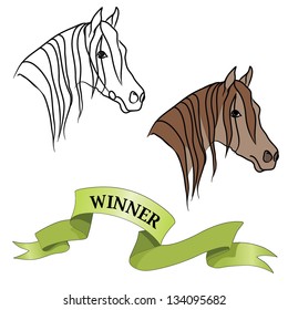 Horse head and winner ribbon. Vector set.