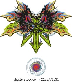 Pferdeköpfe mit wirbelnden dekorativen Elementen und bunten Kreise auf Weiß. Helle Tribal-Monster-Hengste für Modetrends, Textilien, Tapeten, Innenausstattung, Stoffe, Drucke, etc.
