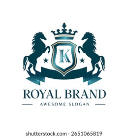 Horse heraldry modern style with a shield and crown logo template Premium Vector