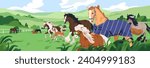 Horse herd at equine farm, ranch. Stallions group in nature, grassland, pasture. Thoroughbred animals grazing grass, walking, running outside. Rural countryside landscape. Flat vector illustration