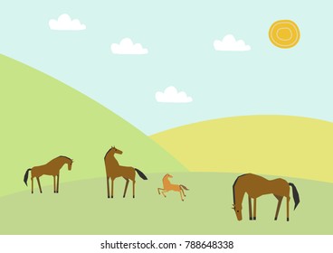 Horse herd and spring plant.Image of spring. Spring landscape. Illustration of Mountain of Spring. 

Illustrations of the four seasons.