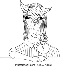 horse holding cocktail glass on the trees for coloring book, coloring page. Vector illustration