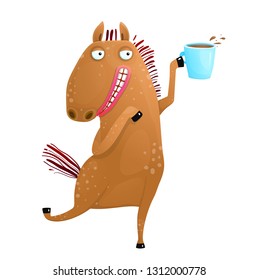 Horse holding cup of coffee. Tea or coffee with funny animal horse character.