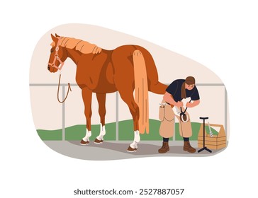 Sapatos de casco de cavalo. Mulher farrier que cuida de cascos equinos com ferramentas profissionais de higiene. Tratamento, manuseio e ferradura de garanhões. Ilustração de vetor plano isolada no plano de fundo branco