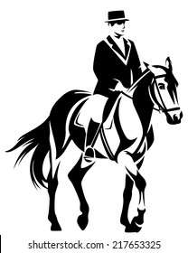 horse and horseman performing dressage - black and white equestrian sport vector design