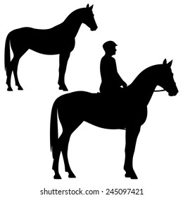 horse and horseman - standing animal profile silhouette - black and white vector design