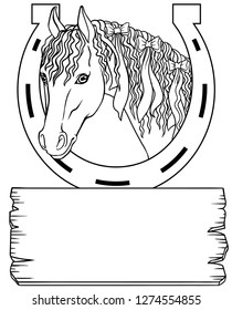 Horse with a horseshoe, black and white plate
