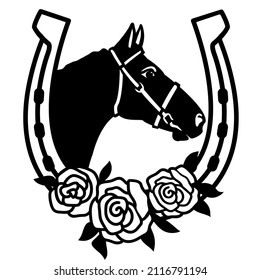 Horse and horseshoe sign silhouette with flowers illustration isolated on white for print or design. Vector Farm cowboy rodeo