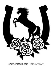 Horse and horseshoe sign silhouette with roses flowers illustration isolated on white for print or design. Vector Farm cowboy rodeo