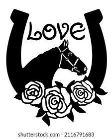 Horse and horseshoe sign silhouette with roses illustration isolated on white for print or design. Vector Farm cowboy rodeo