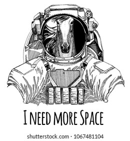 Horse, hoss, knight, steed, courser Astronaut. Space suit. Hand drawn image of lion for tattoo, t-shirt, emblem, badge, logo patch kindergarten poster children clothing