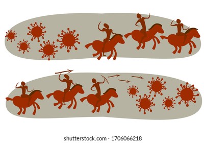 Horse Hunters Run Away From The Coronavirus And Catch It. Сomical Image In The Style Of Ancient Cave Painting. EPS10 Vector Illustration