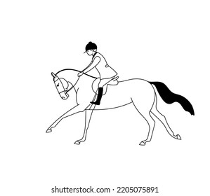 Horse hunting, a rider on a horse galloping forward, simple, black and white, vector illustration