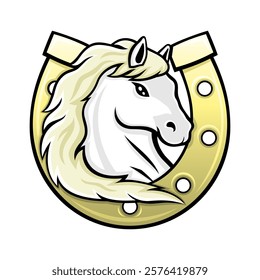 Horse icon with a golden horseshoe on a white background.