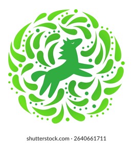 Horse icon in a round frame with dynamic drops. Isolated on white background. Vector illustration.
