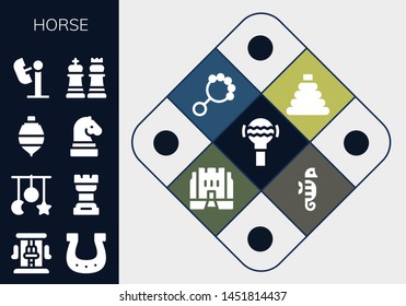 horse icon set. 13 filled horse icons.  Simple modern icons about  - Rattle, Roller coaster, Horseshoe, Crib toy, Chess, Spinning top, Amusement park, Toy, Medieval, Seahorse