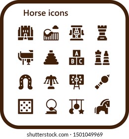 horse icon set. 16 filled horse icons.  Simple modern icons about  - Medieval, Roller coaster, Chess, Saddle, Toy, Horseshoe, Carousel, Tactics, Bladder pipe, Chess board, Cowboy
