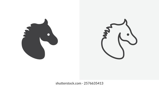 Horse icon set in black flat solid and outlined style.
