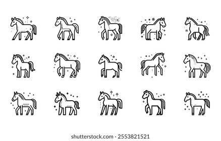 Horse icon set. Black line icon pet for race or sport. Vector illustration collection animal farm or ranch. Domestic pet pony. 